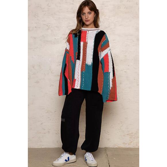 POL Geometric Color Block Design Round Neckline Oversized Sweater | Red/Ivory - Picture 9 of 9